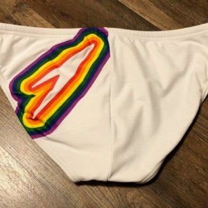 NWT Speedo Mens size 38 bikini brief cut swimsuit white Rainbow Brights Pride